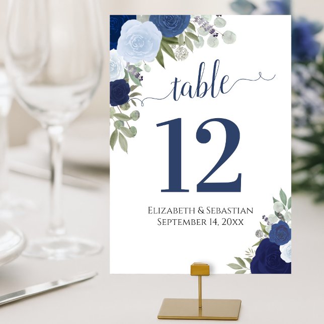 Numéro De Table Roses d'aquarelle Elegant Indigo Blue Mariage (Créateur téléchargé)