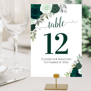 Numéro De Table Roses d'aquarelle Élégant Mariage vert émeraude