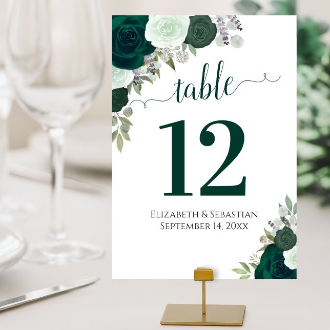 Numéro De Table Roses d'aquarelle Élégant Mariage vert émeraude (Créateur téléchargé)