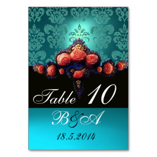 NUMÉRO DE TABLE ROSES DE CORAIL ROUGE, AQUA BLUE BLACK DAMASK MONO