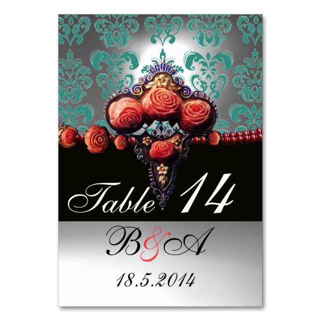 NUMÉRO DE TABLE ROSES DE CORAIL ROUGE, MONOGRAMME BLEU BLEU BLEU D (Par défaut)