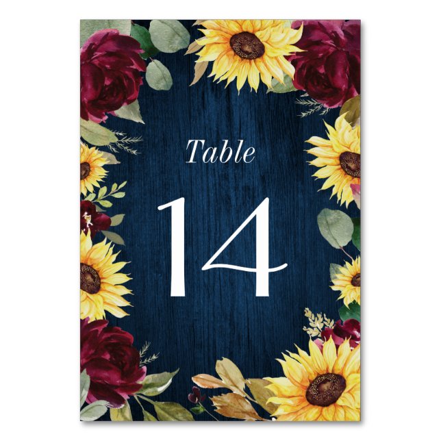 Numéro De Table Roses de tournesol Bourgogne Rouge et Mariage bleu (Par défaut)