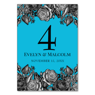 Numéro De Table Roses noires et blanches Mariage bleu électrique