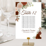 Numéro De Table Roses Orange rouille Élégant tableau de mariage<br><div class="desc">Ces belles cartes de numéro de table mariage présentent un design chic boho élégant avec des roses d'aquarelle peints à la main dans les tons de rouille orange, de bois brûlé et de pêche de corail. La carte comprend une liste de noms pour que vos invités aient encore plus de...</div>