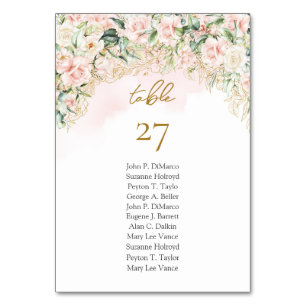Numéro De Table Roses rose pastel doux or et mariage de verdure