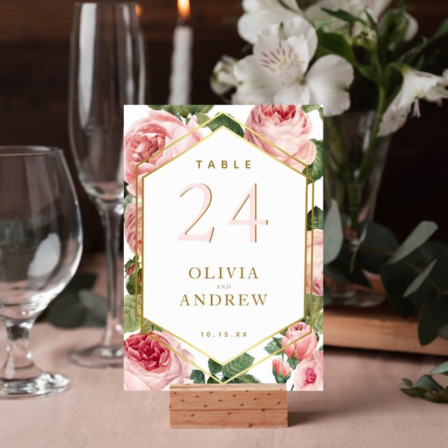 Numéro De Table Roses roses florales avec Mariage de cadre diamant (Elegant watercolor pink rose design on this table number card is perfect for your wedding reception.)