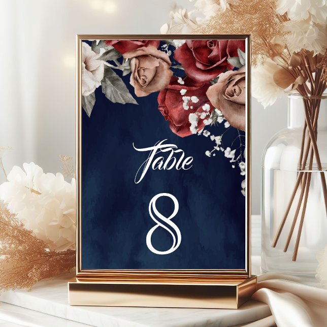Numéro De Table Roses rouges de Bourgogne Fleurs Mariage bleu mari (Créateur téléchargé)
