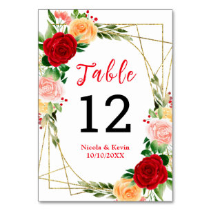 Numéro De Table Roses rouges et orange romantiques