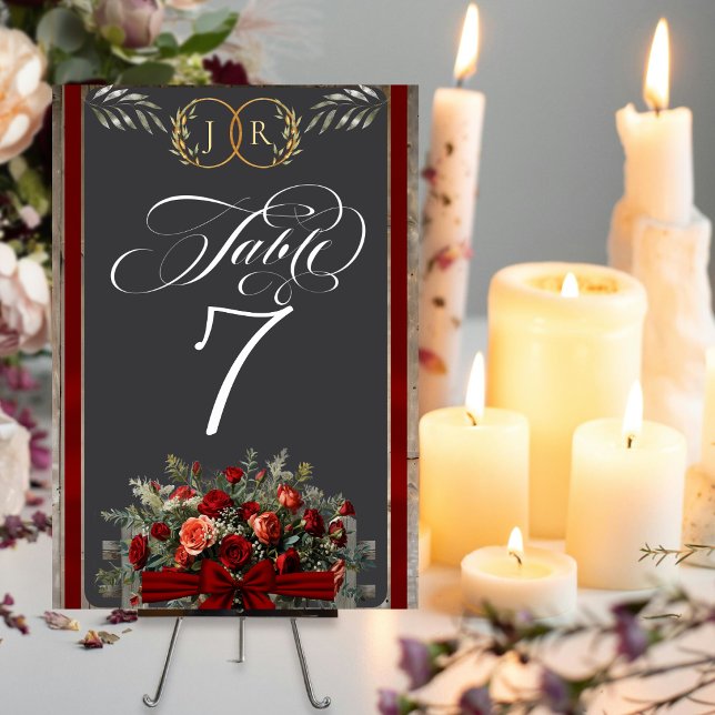 Numéro De Table Roses, Ruban & Monogramme - Rouge (Créateur téléchargé)