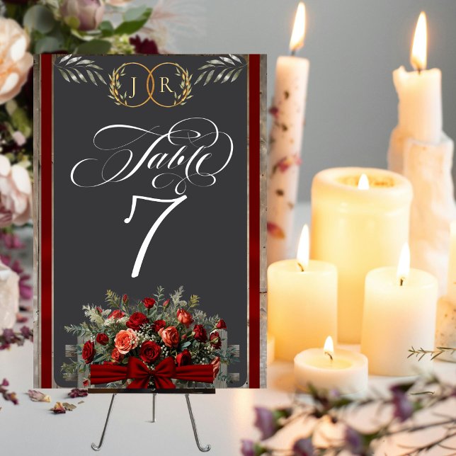 Numéro De Table Roses, Ruban & Monogramme - Rouge (Créateur téléchargé)