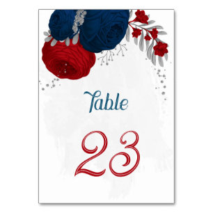 Numéro De Table rouge et bleu marine fleurs argent feuille mariage