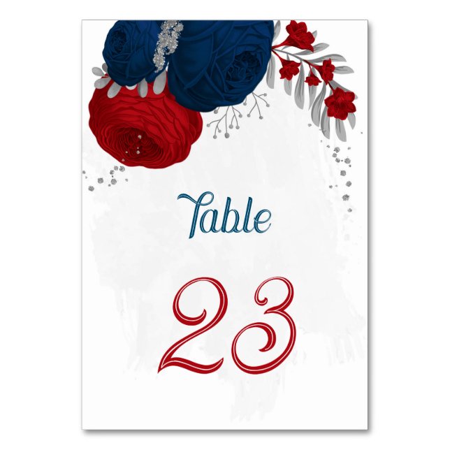 Numéro De Table rouge et bleu marine fleurs argent feuille mariage (Par défaut)