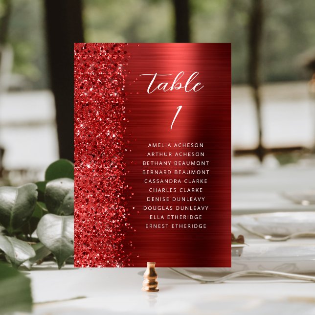 Numéro De Table Rouge Glamour Pailleté Métallisé Écriture Mariage (Créateur téléchargé)