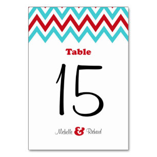 Numéro De Table Rouge moderne et Aqua Chevron & Lovebirds Mariage