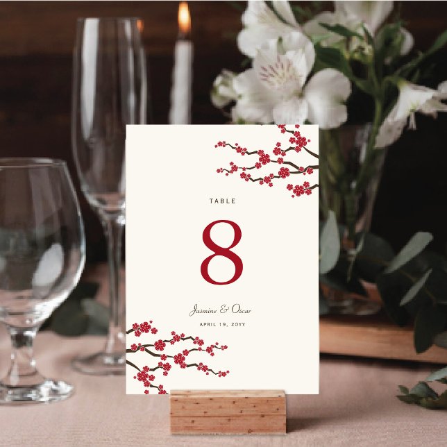 Numéro De Table Rouge Sakura Cerry Blossoms Élégant Mariage asiati (Red/Ivory Sakura Cherry Blossoms Elegant Asian Wedding Table Number Card @ fat_fa_tin)