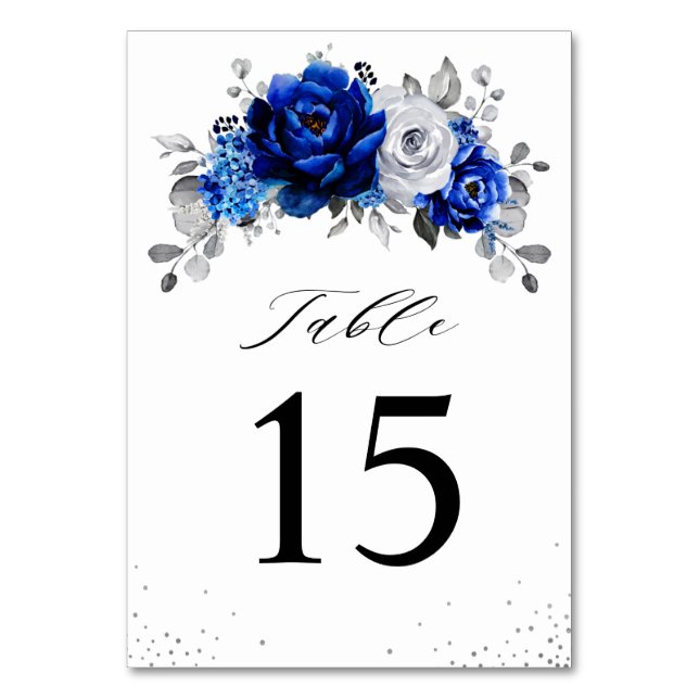Numéro De Table Royal Bleu Blanc Argent Métallique Mariage Floral  (Par défaut)