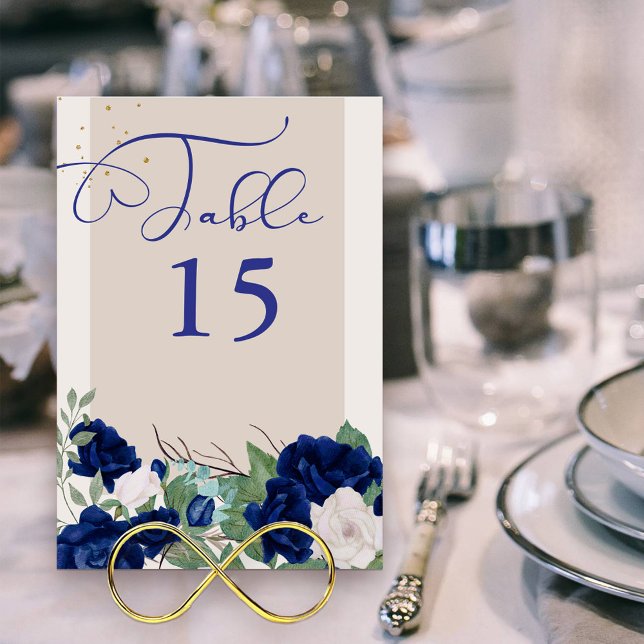 Numéro De Table Royal Blue et ivoire Rose Élégant floral (Table Number Card with elegant calligraphy and border of royal navy blue and ivory roses)
