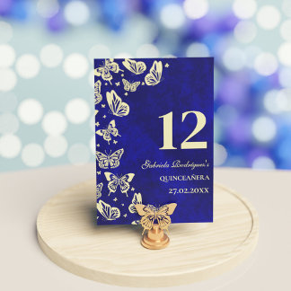 Numéro De Table Royal Blue Gold Butterfly 15th Quinceañera Siège