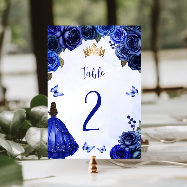 Numéro De Table Royal Blue Gold Floral Princess Quinceañera (Créateur téléchargé)