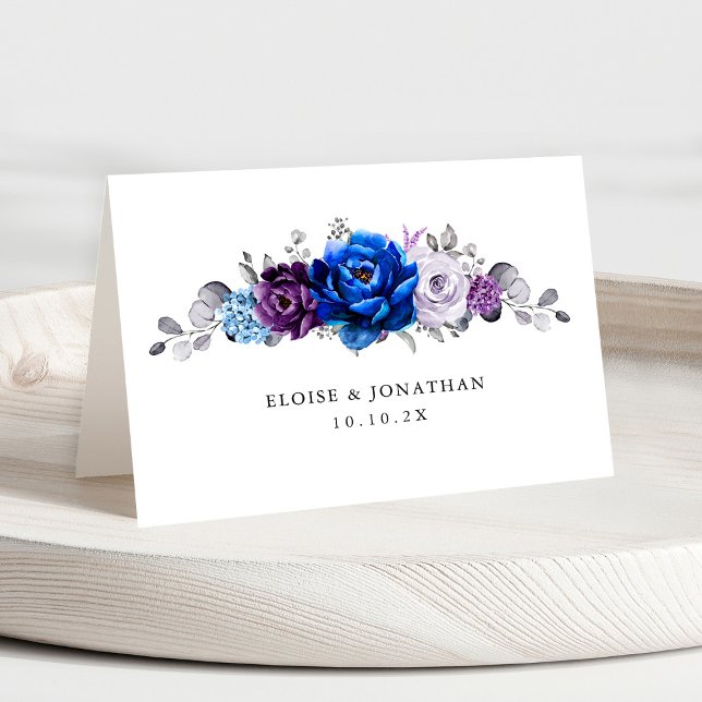 Numéro De Table Royal Blue Purple Lilac Blooms Mariage Place Card (Royal Blue Purple Lilac Blooms Wedding Place Card with individual guest name)