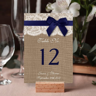 Numéro De Table Ruban de la Marine sur Burlap & Mariage de dentell