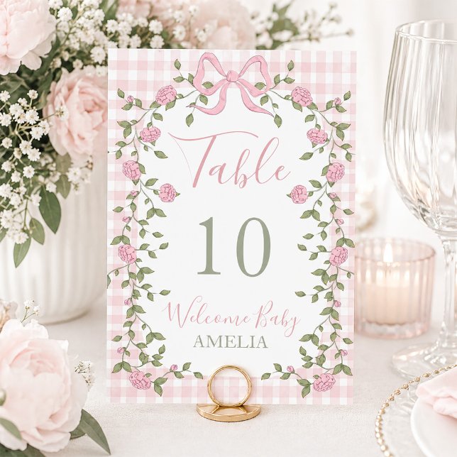 Numéro De Table Rubans roses floraux et vichy (Pink Bow Floral Vines and Gingham Table Number)