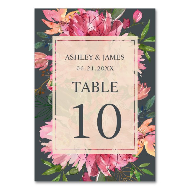 Numéro De Table Ruby Pink Peony Floral Botanical Off-Black Mariage (Par défaut)
