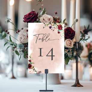 Numéro De Table Russe Bourgogne et rose pâle Mariage Roses
