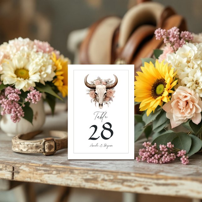 Numéro De Table Russe Floral Vache Mariage crâne (Rustic Floral Cow Skull Wedding Table Number)