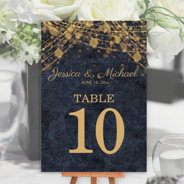 Numéro De Table Rustic Chic Navy Blue Gold String LIghts Mariage (Rustic chic navy blue and gold string lights wedding table number card)