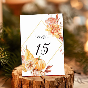 Numéro De Table Rustic Fall Gold Floral Citrouille Mariage