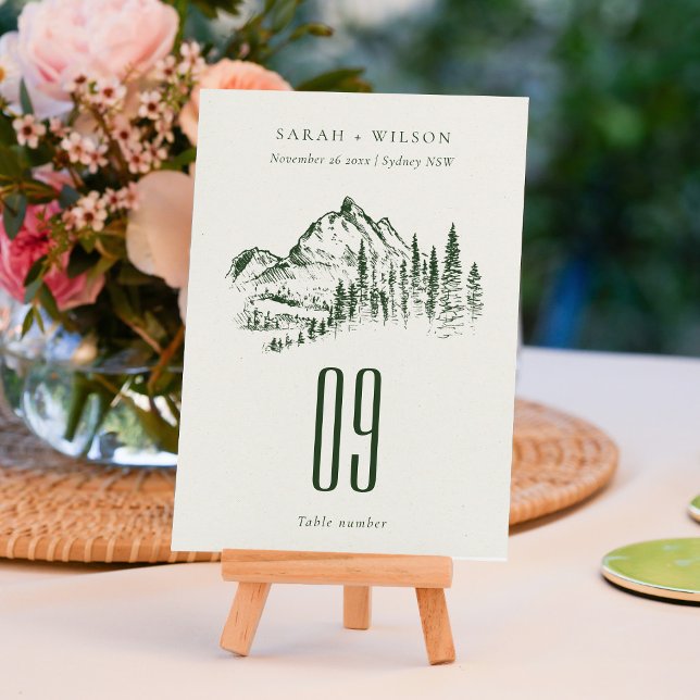 Numéro De Table Rustic Green Pine Woods Mountain Sketch Mariage (Créateur téléchargé)