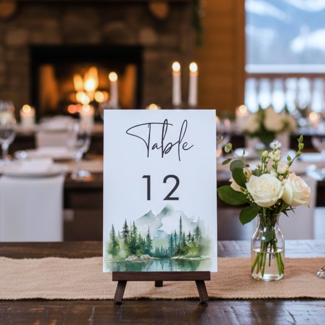Numéro De Table Rustic Mountain Lake Scene Watercolor Wedding (Créateur téléchargé)