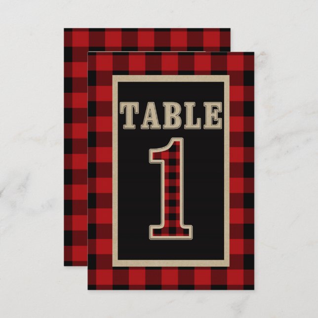 Numéro de table rustique à carreaux rouge et noir  (Devant / Derrière)