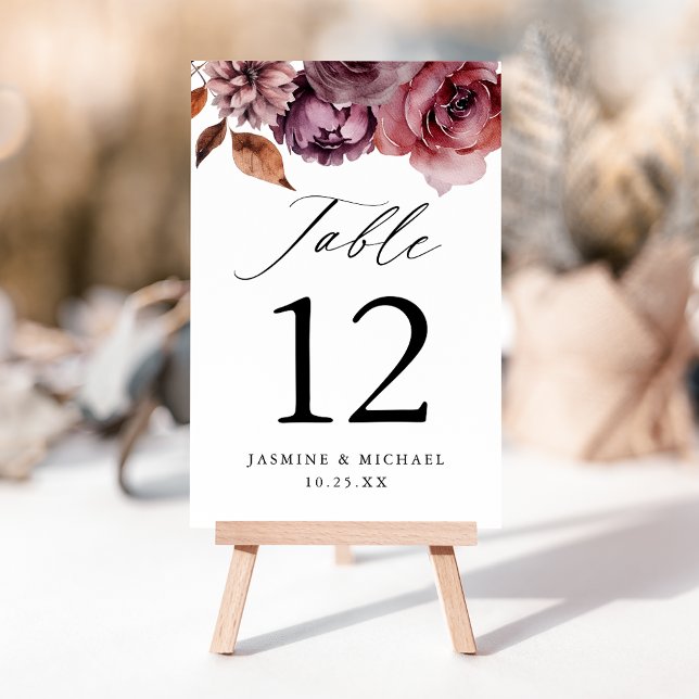 Numéro De Table Rustique Automne Marsala Floral Mariage (Créateur téléchargé)