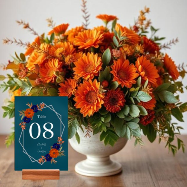 Numéro De Table Rustique Automne Orange Navy Bleu Floral Mariage (Créateur téléchargé)