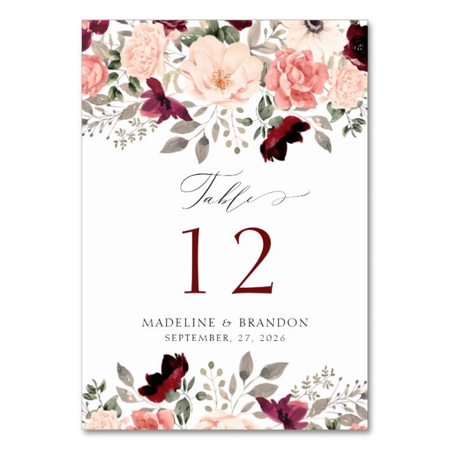 Numéro De Table Rustique Bourgogne Blush Floral Élégant Mariage (Par défaut)