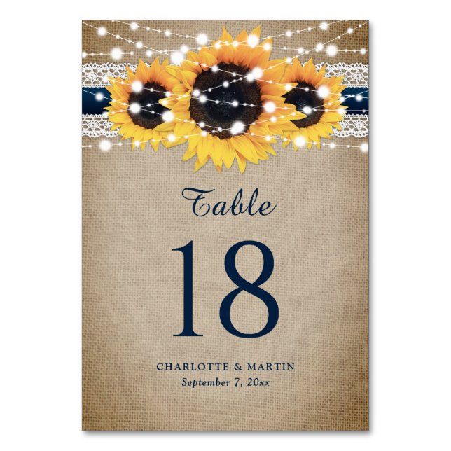 Numéro De Table Rustique Chic Navy Bleu Burlap Dentelle Tournesol (Par défaut)