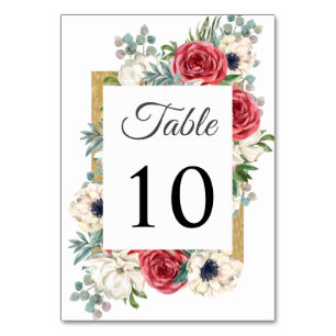 Numéro De Table Rustique Elegant Rouge et or Floral Blanc Mariage