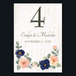 Numéro De Table Rustique Pays Marine Bleu et Pêcher Floral Mariage<br><div class="desc">Cette carte de numéro de table est parfaite pour votre mariage de style campagnard ou agricole avec son design rustique mais élégant. Ces cartes de numéro de tableau présentent des accents arrière - plans et floraux blancs de couleur claire, bleu marine, pêche douce ou rose rousse représentant des pivoines et...</div>