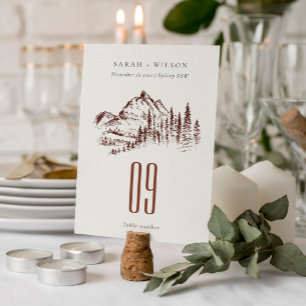 Numéro De Table Rustique Pine rouille Woods Mountain Sketch Mariag