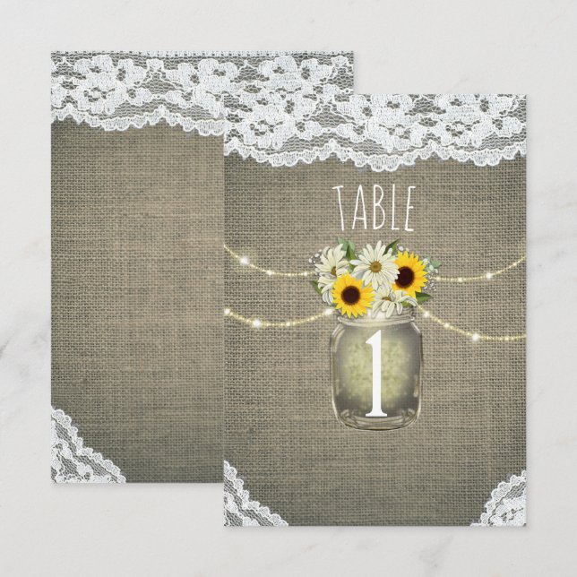 Numéro de table rustique tournesols marguerites de (Devant / Derrière)