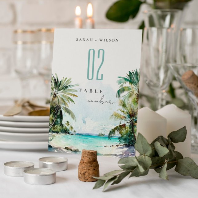 Numéro De Table Sable Tropical Beach Aquarelle Palm Trees Mariage (Créateur téléchargé)