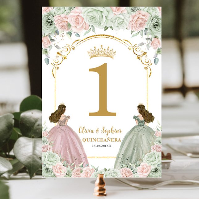 Numéro De Table Sage Green Blush Floral Twins Quinceanera (Créateur téléchargé)