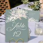 Numéro De Table Sage Green Botanical Foliical Numéro de tableau<br><div class="desc">Carte de numéro de table Sage Green avec calligraphie élégante et numéro personnalisé. Ce design botanique a un auvent de feuillage aquarelle avec un bouquet en cascade de feuilles dans les tons d'amande de blé palomino crème. Design élégant et feutré avec un style moderne et une palette de couleurs naturelles...</div>