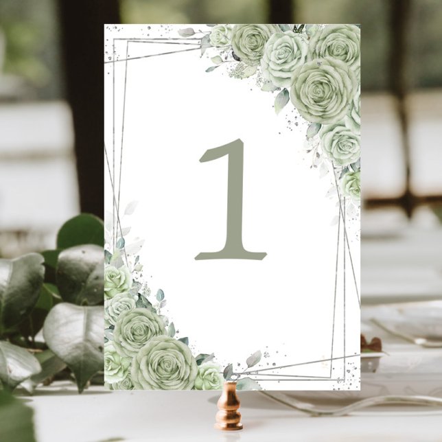 Numéro De Table Sage Green Floral Argent Anniversaire Quinceañera (Créateur téléchargé)