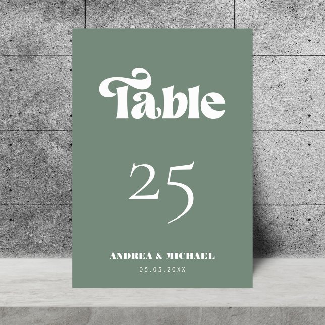 Numéro De Table Sage Green Retro Typographie Simple Moderne Mariag (Créateur téléchargé)