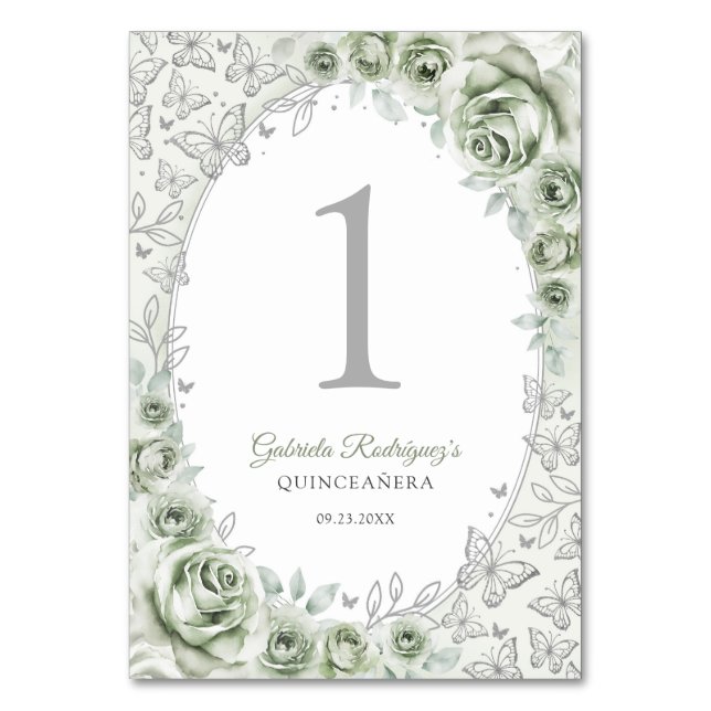Numéro De Table Sage Green Silver Floral Quinceanera (Par défaut)