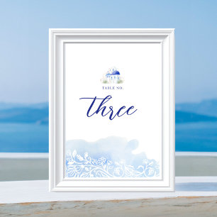 Numéro De Table Santorini Grèce Paysage Mariage d'aquarelle bleu