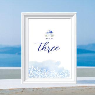 Numéro De Table Santorini Grèce Paysage Mariage d'aquarelle bleu